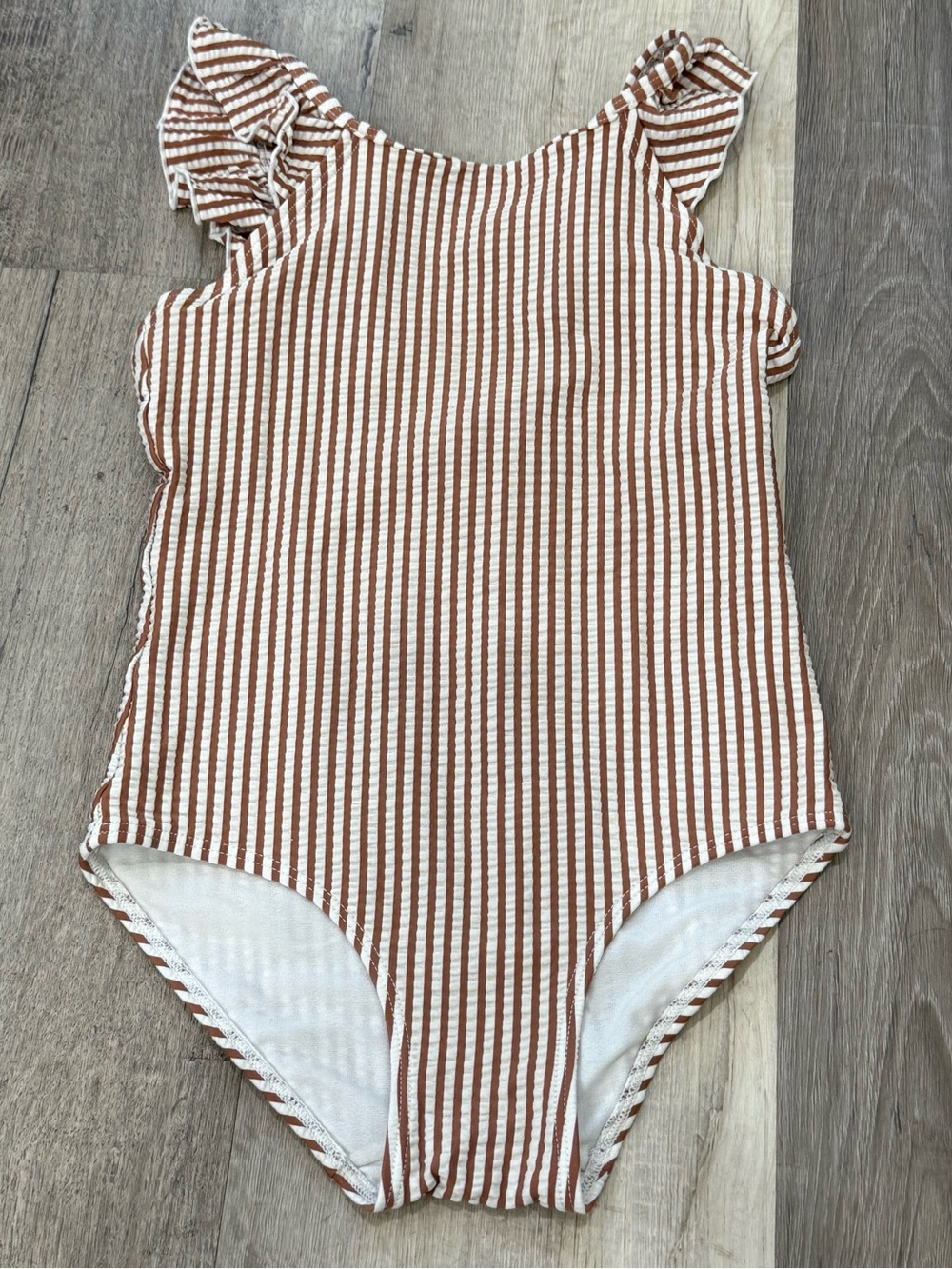 H&M Cream and Brown Striped Ruffle-Shoulder One-Piece Swimsuit